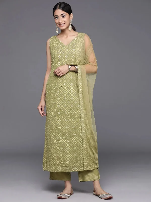 Olive Embroidered Georgette Straight Kurta With Trousers & Dupatta Trousers cozy comfortable Olive Embroidered Georgette Straight Kurta With Trousers & Dupatta Trousers cozy comfortable