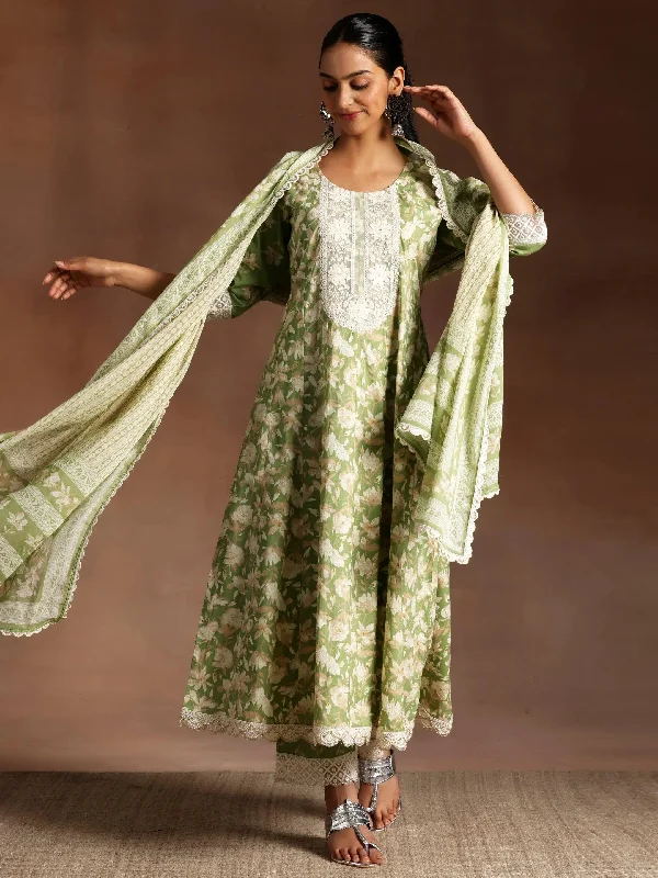 Green Printed Cotton A-Line Kurta With Trousers & Dupatta Trousers Silk Elegant