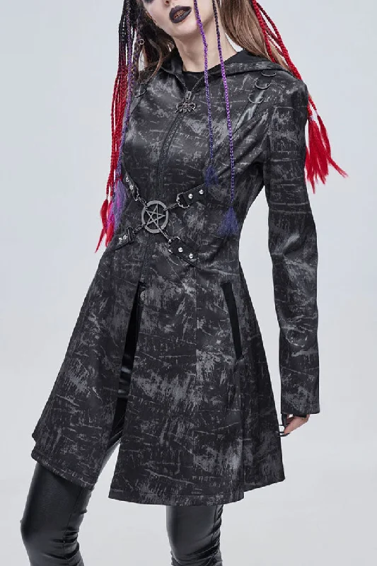 Gray Punk Pattern Pentagram Shape Design Metal D-Shaped Buckle Decoration Hooded Women's Coat Welt Pockets Slit Pockets Flap Pockets Gray Punk Pattern Pentagram Shape Design Metal D-Shaped Buckle Decoration Hooded Women's Coat Welt Pockets Slit Pockets Flap Pockets