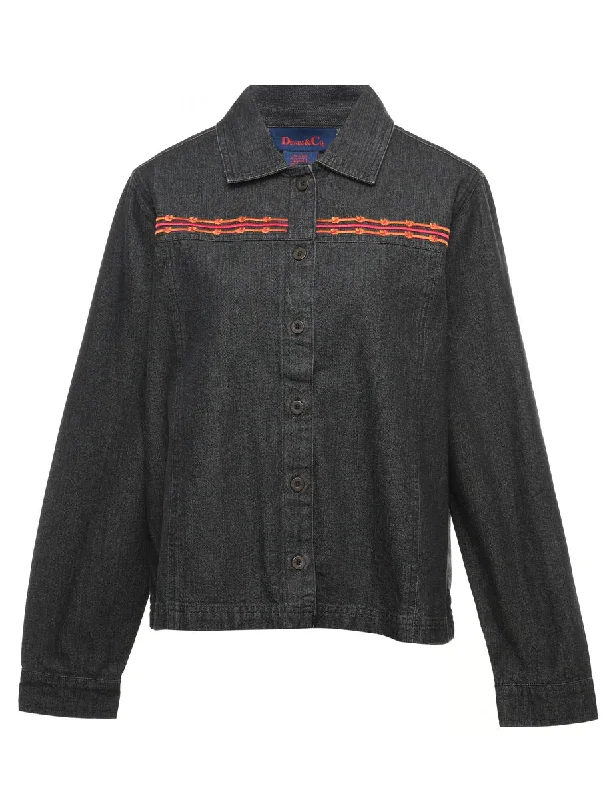 Classic Black Denim Embroidered Jacket - M Faux Fur Fabric Real Fur Fabric Shearling Fabric Classic Black Denim Embroidered Jacket - M Faux Fur Fabric Real Fur Fabric Shearling Fabric