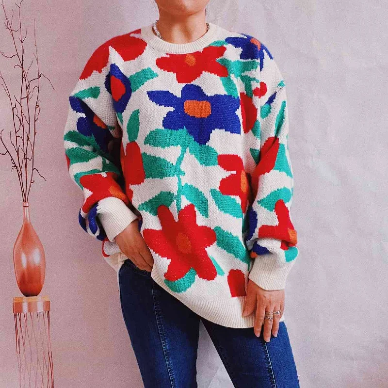 Floral Print Round Neck Drop Shoulder Sweater Casual Formal Business