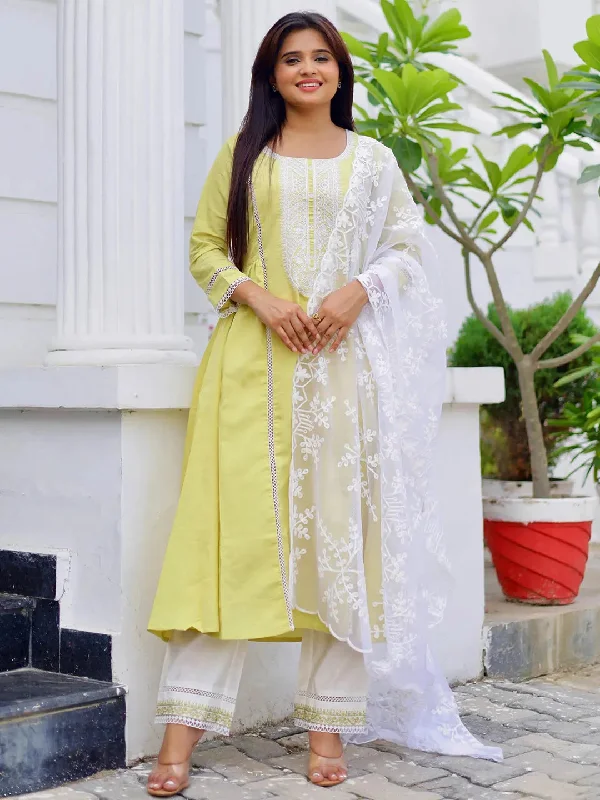 Green Embroidered Silk Blend A-Line Kurta With Trousers & Dupatta Trousers Palazzo Wide Leg