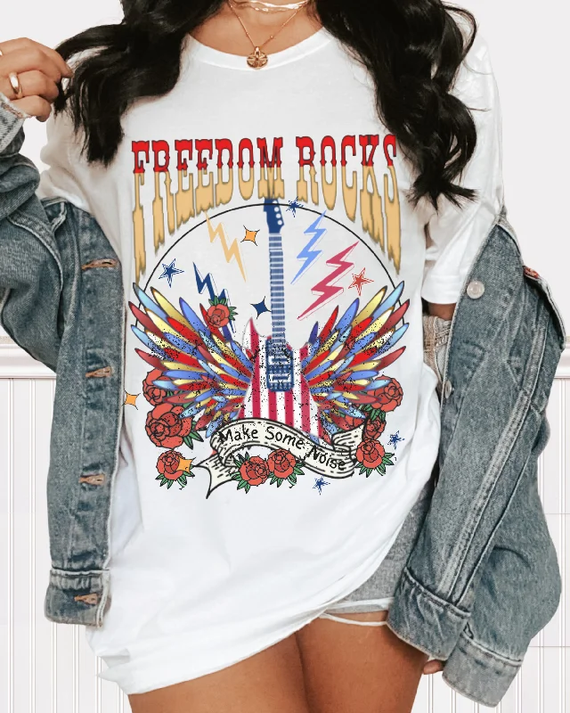 Freedom Rocks Comfort Colors® Shirt, Women's 4th of July Summer T-Shirt, Garment Dyed, Boho, Retro Guitar