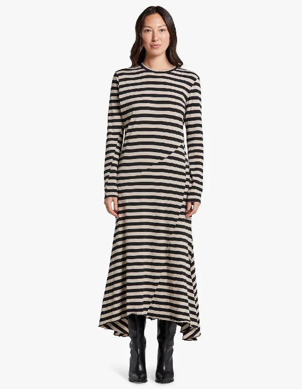 Stripe Heritage Paneled L/S Dress - Black/Oatmeal