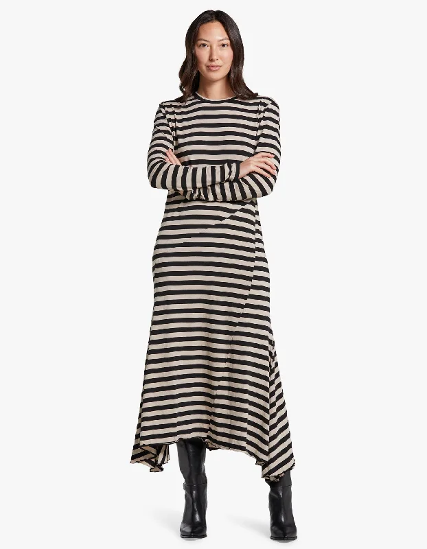 Stripe Heritage Paneled L/S Dress - Black/Oatmeal