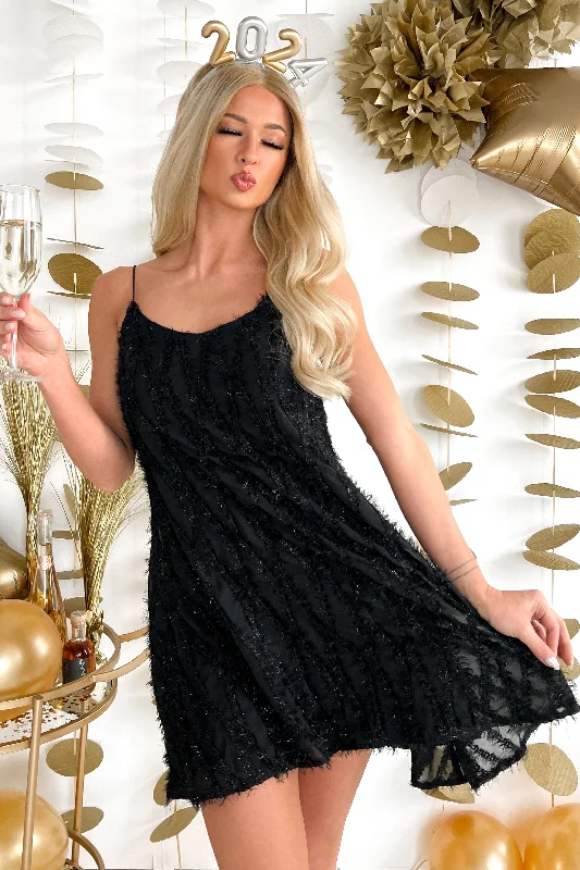 Party On My Mind Feathered Fringe Mini Dress (Black)