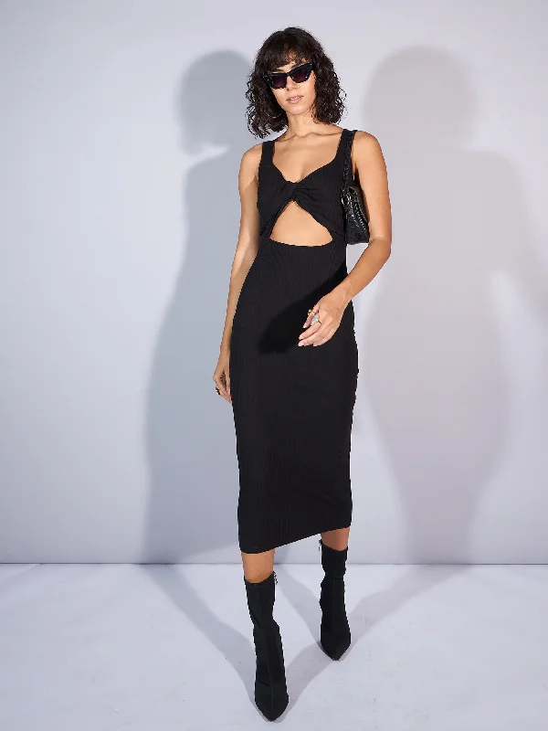 Women Black Rib Front Twist Cut-Out Midi Dress