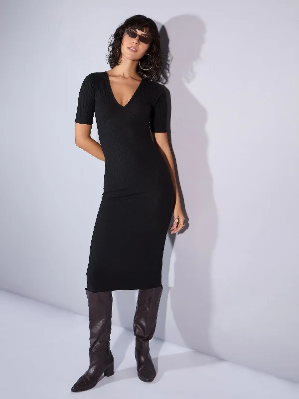 Women Black Rib V Neck Midi Dress