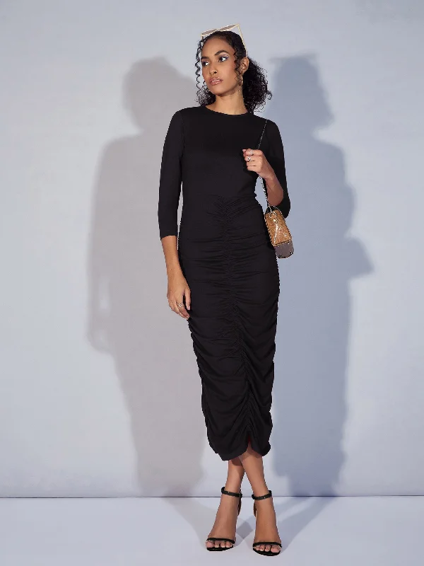 Women Black Ruched Bodycon Midi Dress