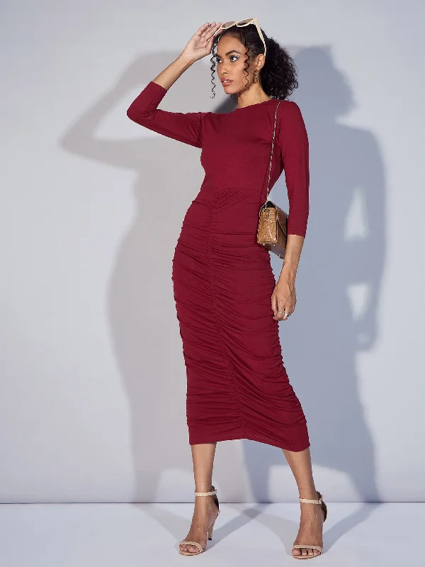 Women Maroon Ruched Bodycon Midi Dress