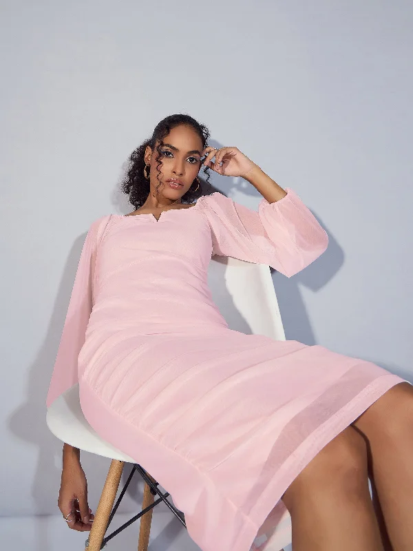 Women Pink Mesh Full Sleeve Ruched Midi Dress