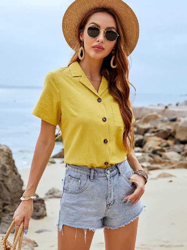 KittenAlarm - Casual Shirt Collar Yellow Cotton Top