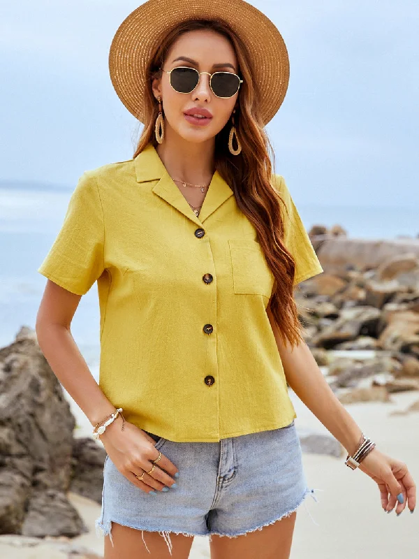 KittenAlarm - Casual Shirt Collar Yellow Cotton Top