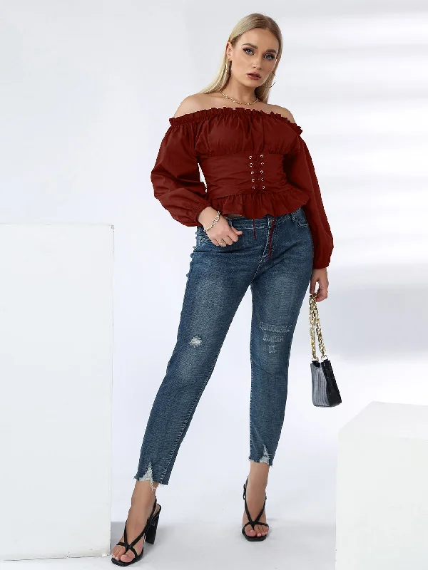 KittenAlarm - Plus Off Shoulder Lace Up Ruffle Hem Peplum Blouse