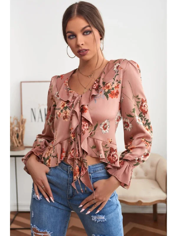 KittenAlarm - V-NECK RUFFLED FLORAL LONG SLEEVES BLOUSE