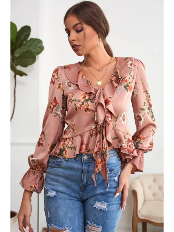 KittenAlarm - V-NECK RUFFLED FLORAL LONG SLEEVES BLOUSE