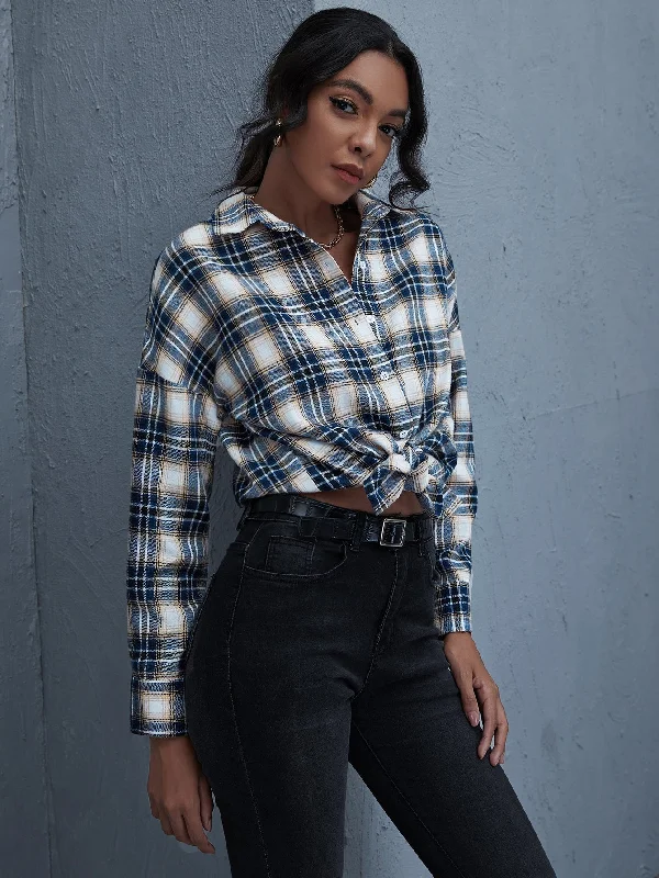 KittenAlarm - Plaid Print Drop Shoulder Blouse