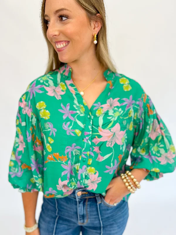 Botanical Beauty Bubble Sleeve Blouse