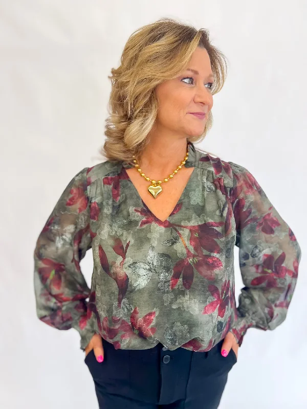 Harvest Olive Floral Blouse