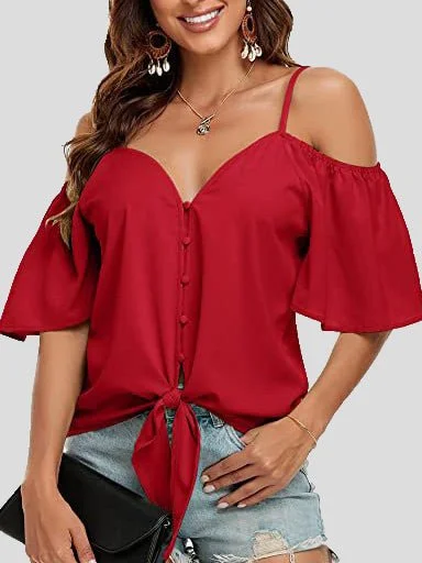 KittenAlarm - Sling Single Breasted Knotted Off Shoulder Blouse