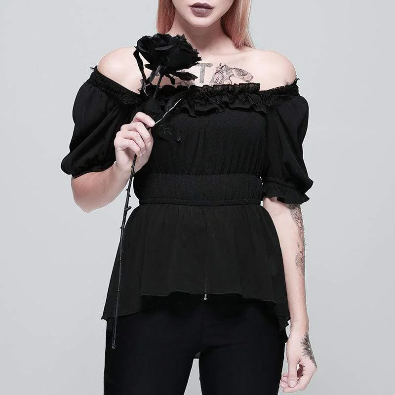 Women's Goth Square Collar Chiffon High/Low Top With Puff Sleeves