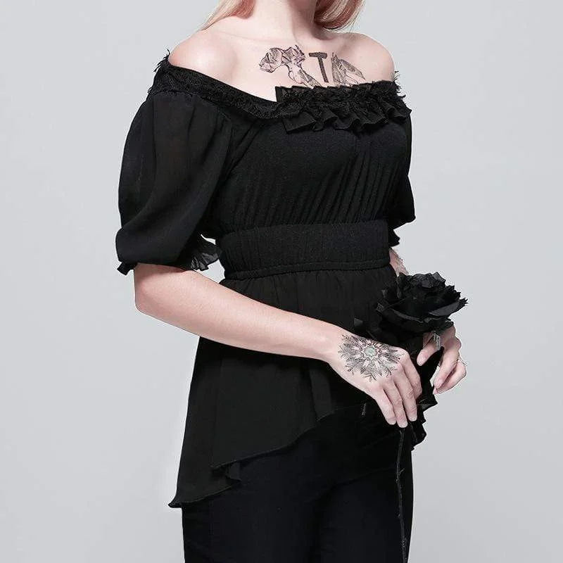 Women's Goth Square Collar Chiffon High/Low Top With Puff Sleeves