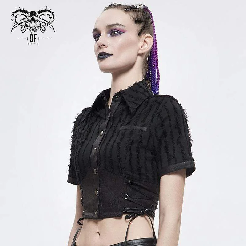 Women's Gothic Black Collared Short Shirts