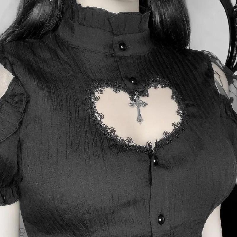 Women's Gothic Heart-shaped Cutout Short Puff Sleeved Shirt