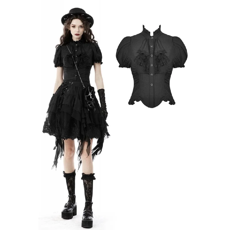 Women's Gothic Ruffles Short Puff Sleeved Shirt Black