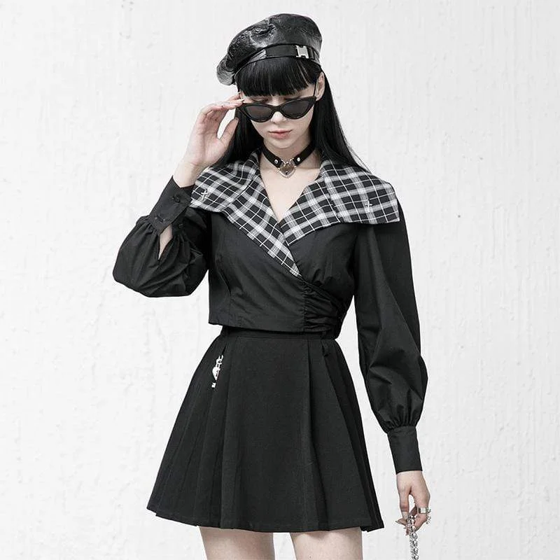 Women's Grunge Plaid Lapel Short Tops