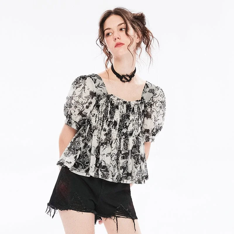 Women's Grunge Puff Sleeved Square Collar Floral Chffion Top