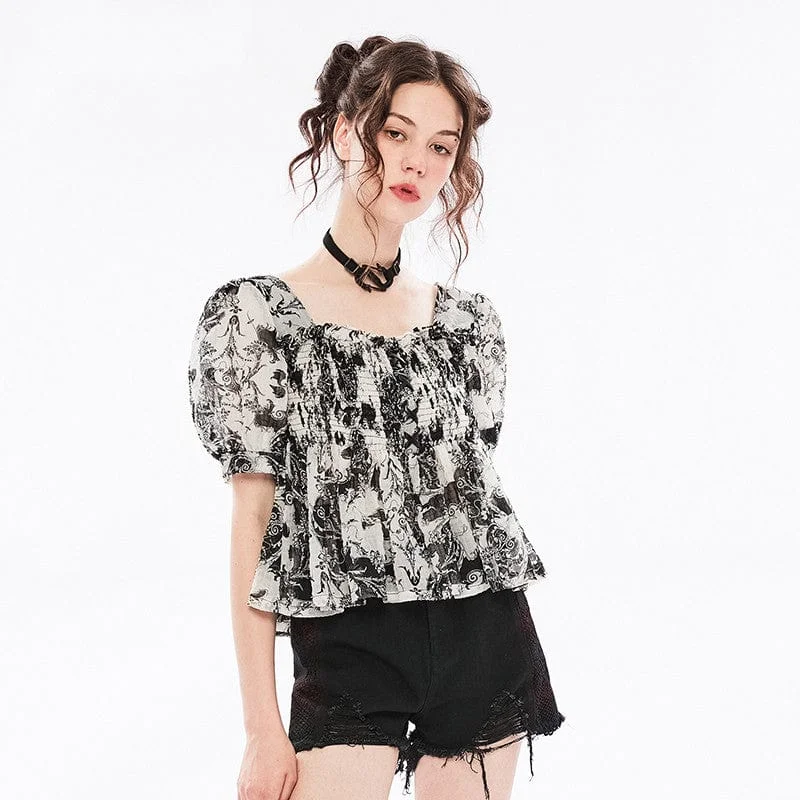 Women's Grunge Puff Sleeved Square Collar Floral Chffion Top