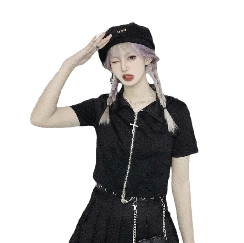 Women's Grunge Turn-down Collar Zipped Black Short Sleeved Shirt