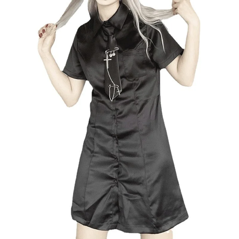 Women's Punk Short Sleeved Satin Shirt with Necktie