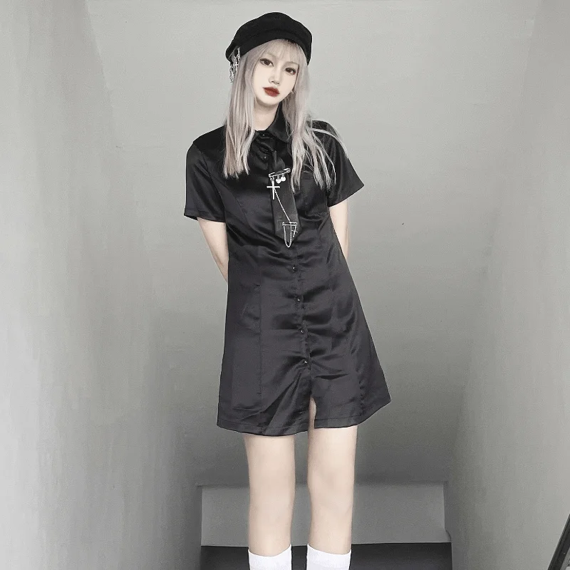 Women's Punk Short Sleeved Satin Shirt with Necktie