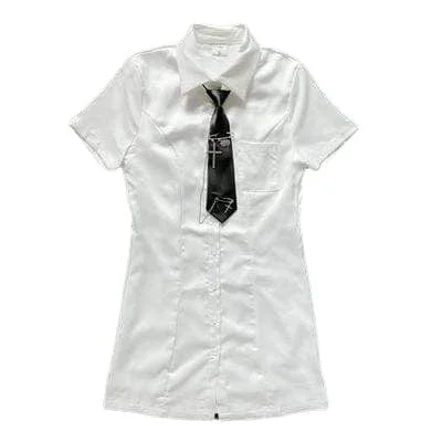 Women's Punk Short Sleeved Satin Shirt with Necktie