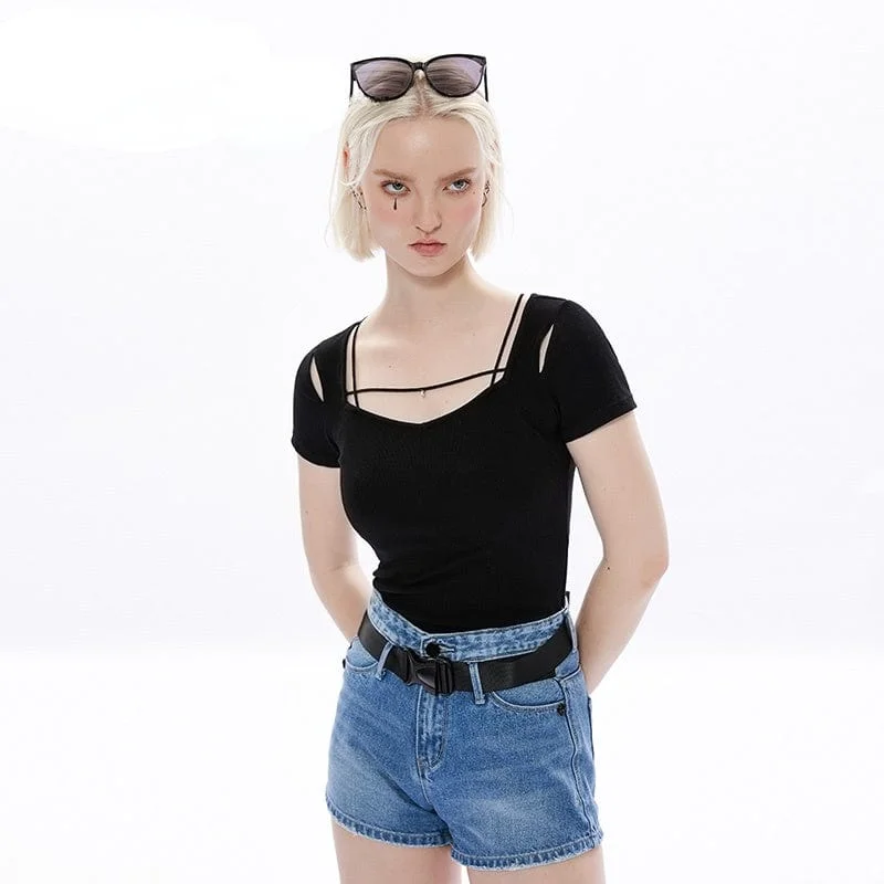 Women's Punk Square Collar Cutout Top