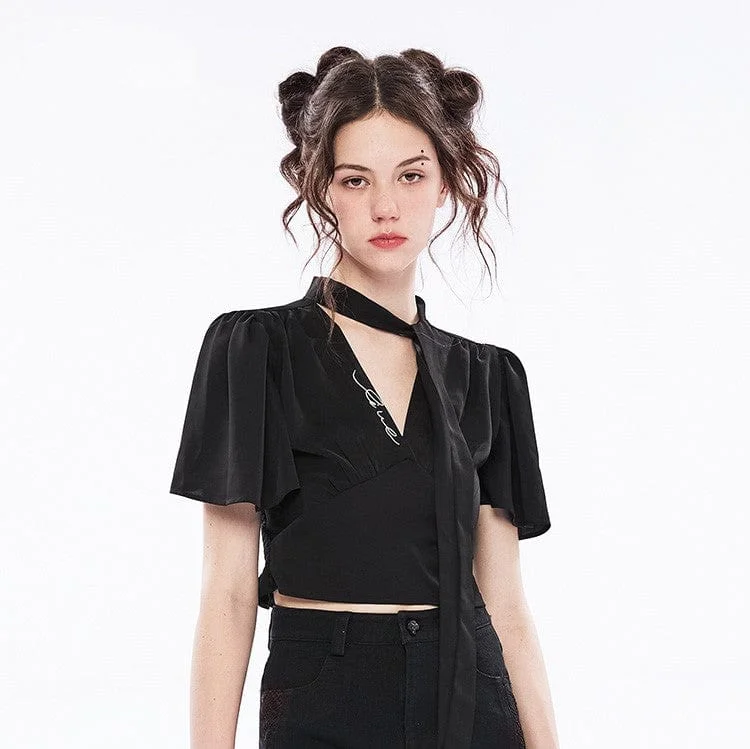 Women's Punk V-neck Puff Sleeved Chiffon Top With Tie