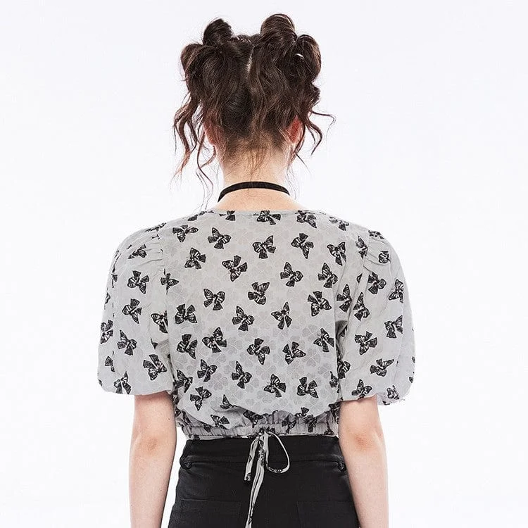 Women's Vintage Butterfly Printed V-neck Short-sleeved Top