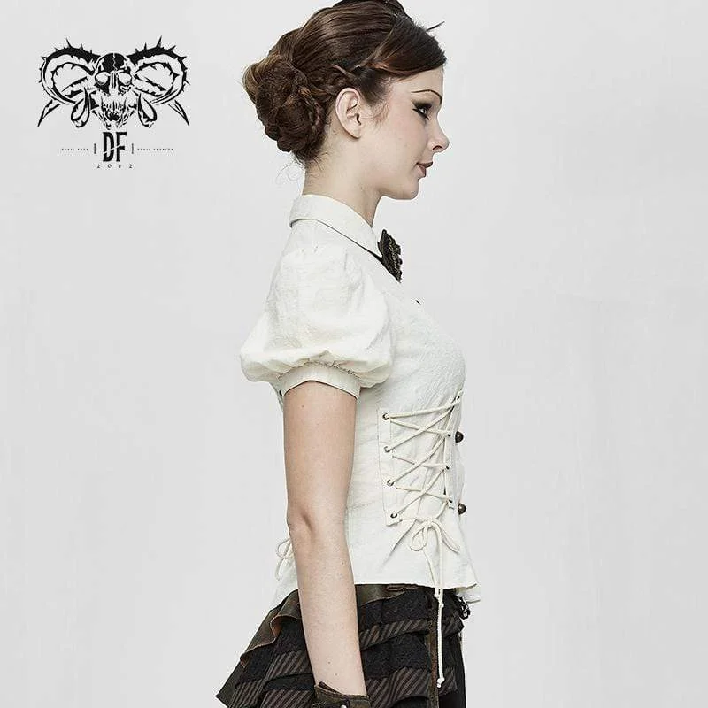 Women's Vintage Lentern Sleeve Lace-up Ivory Shirts