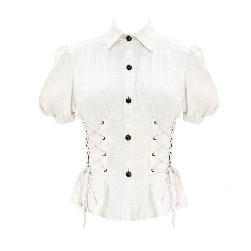 Women's Vintage Lentern Sleeve Lace-up Ivory Shirts