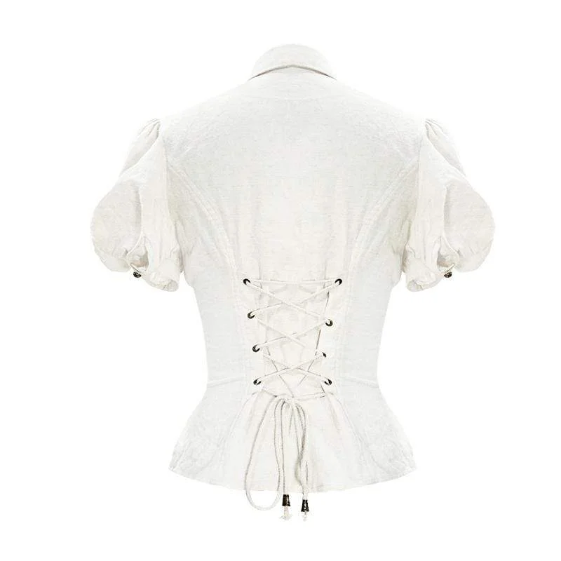 Women's Vintage Lentern Sleeve Lace-up Ivory Shirts