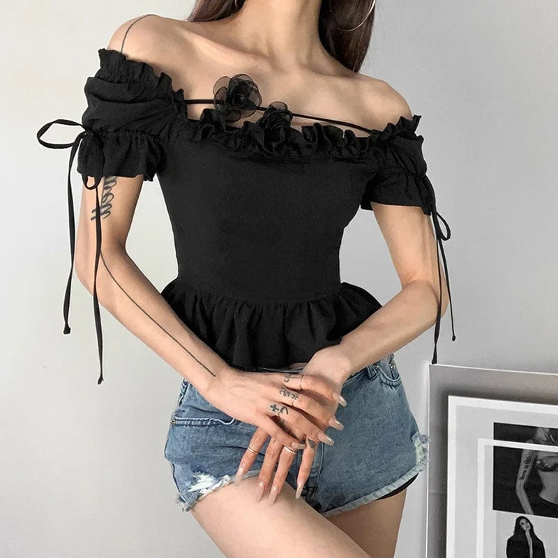 Women's Vintage Off Shoulder Black Rose Short sleeved Shirt