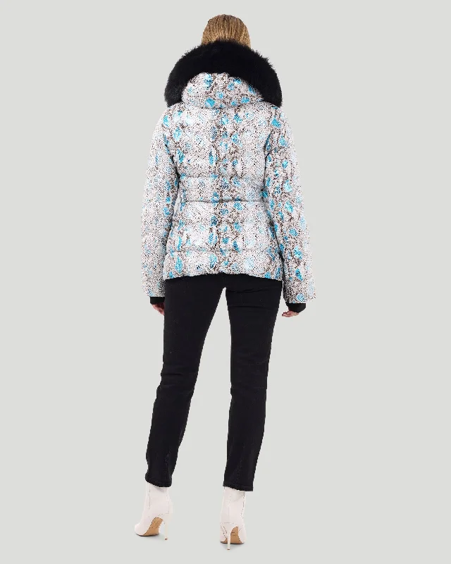 Printed Après-Ski Jacket with Detachable Toscana Shearling Lamb Hood Trim