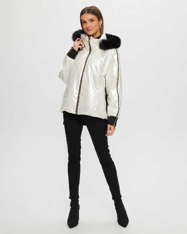 FABRIC JACKET WITH DETACHABLE SHEARLING LAMB HOOD TRIM