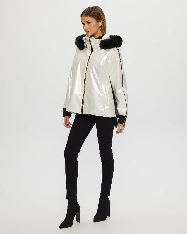 FABRIC JACKET WITH DETACHABLE SHEARLING LAMB HOOD TRIM