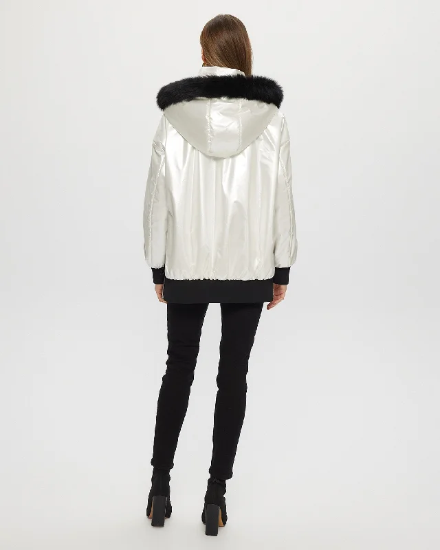 FABRIC JACKET WITH DETACHABLE SHEARLING LAMB HOOD TRIM