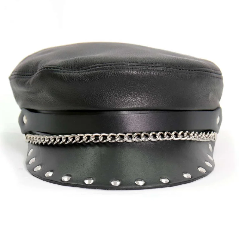 Hot Leathers Flat Top Biker Leather Cap with Rivets LHA2005