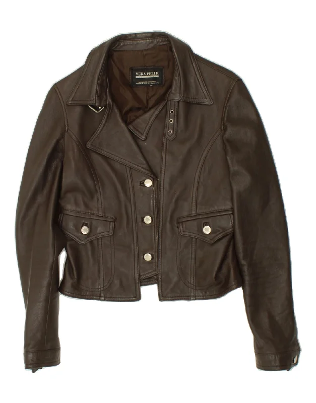 VINTAGE Womens Crop Leather Jacket UK 8 Small Brown Leather