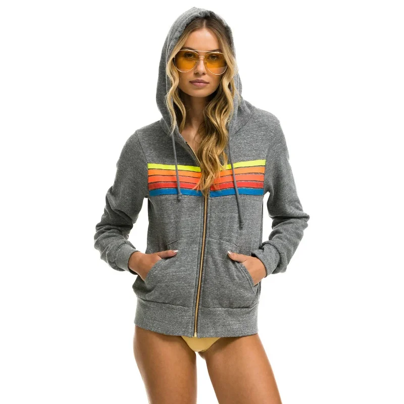 Aviator Nation 5 Stripe Zip Hoodie Heather Grey/Neon Rainbow